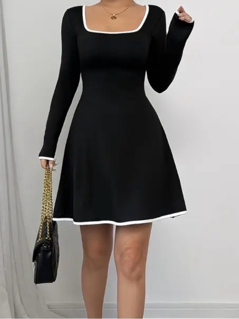 Black Long-Sleeve A-Line Dress with White Trim